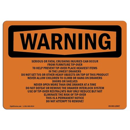 SIGNMISSION OSHA Sign, Tip-Over Hazard Do Not Attempt To Remove, 14in X 10in Decal, 10" W, 14" L, Landscape OS-WS-D-1014-L-12847